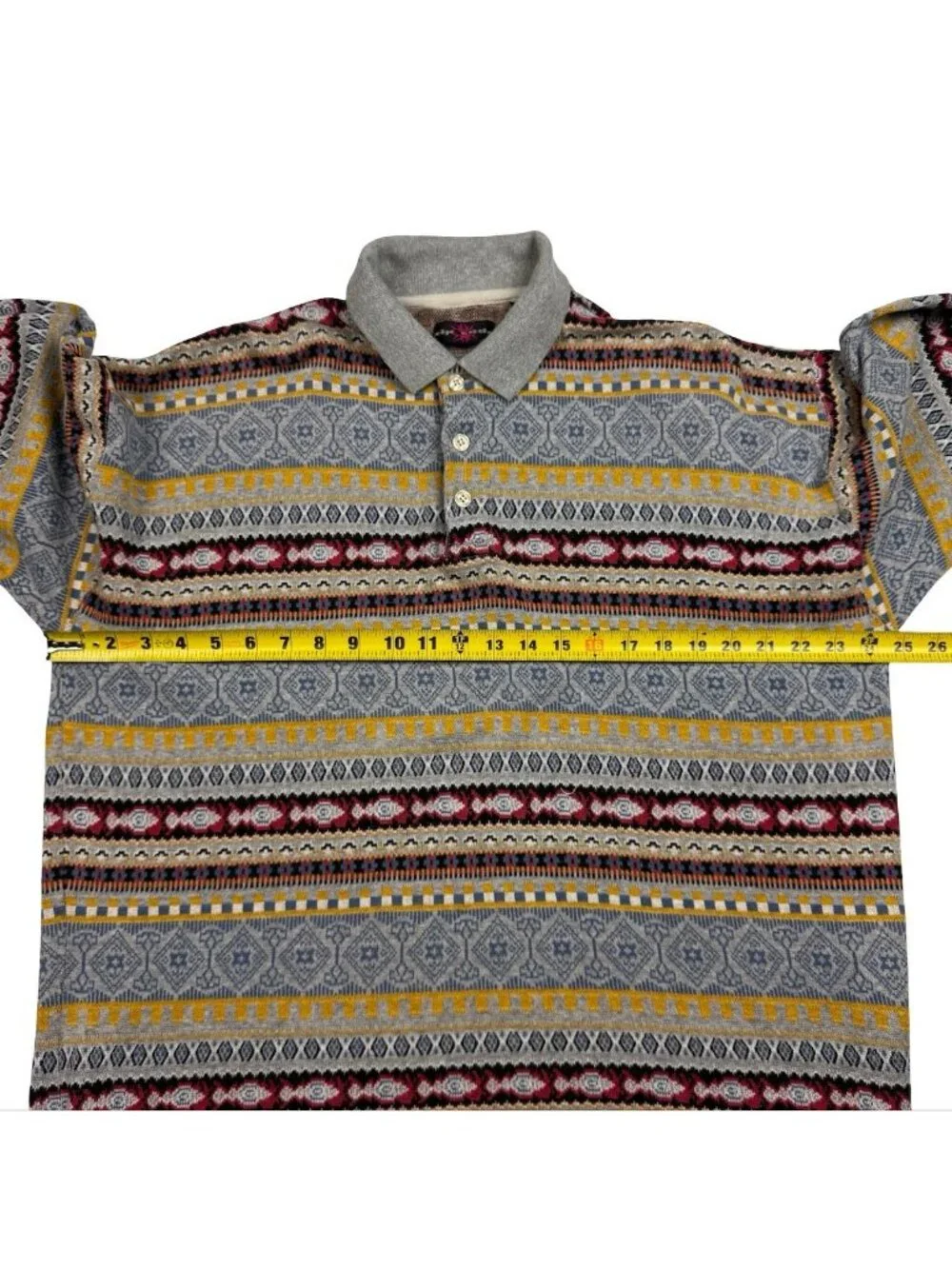 VTG Zip Code Men's S/S Polo Shirt Tan/Green Orange Southwest Aztec • XL_6